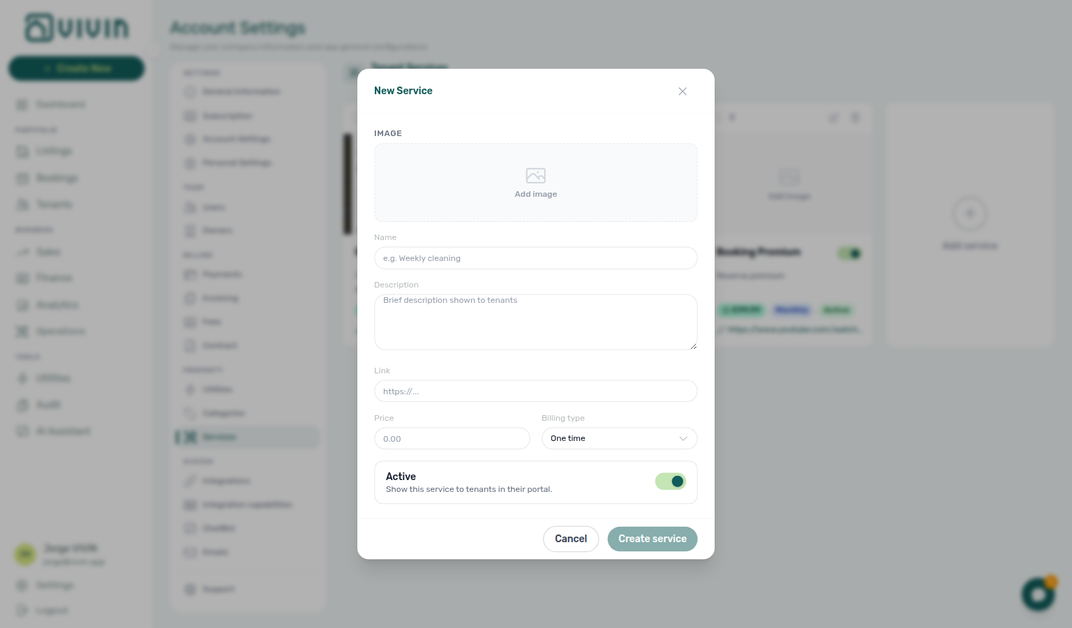 Account Settings — New service dialog (fields operators configure before tenants see an offering)