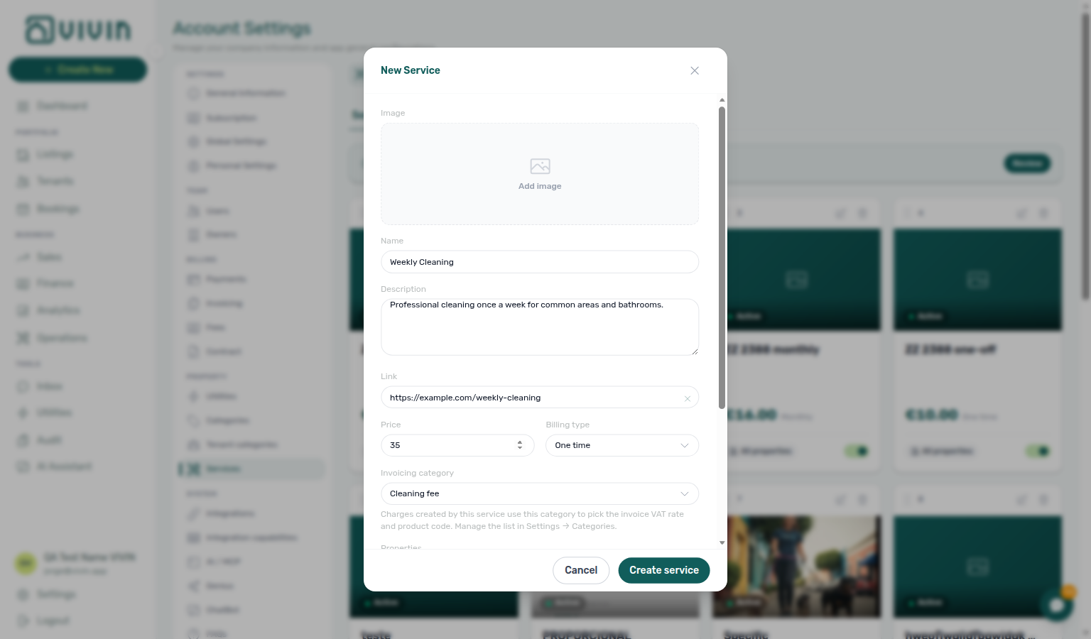 Account Settings — New service dialog (fields operators configure before tenants see an offering)