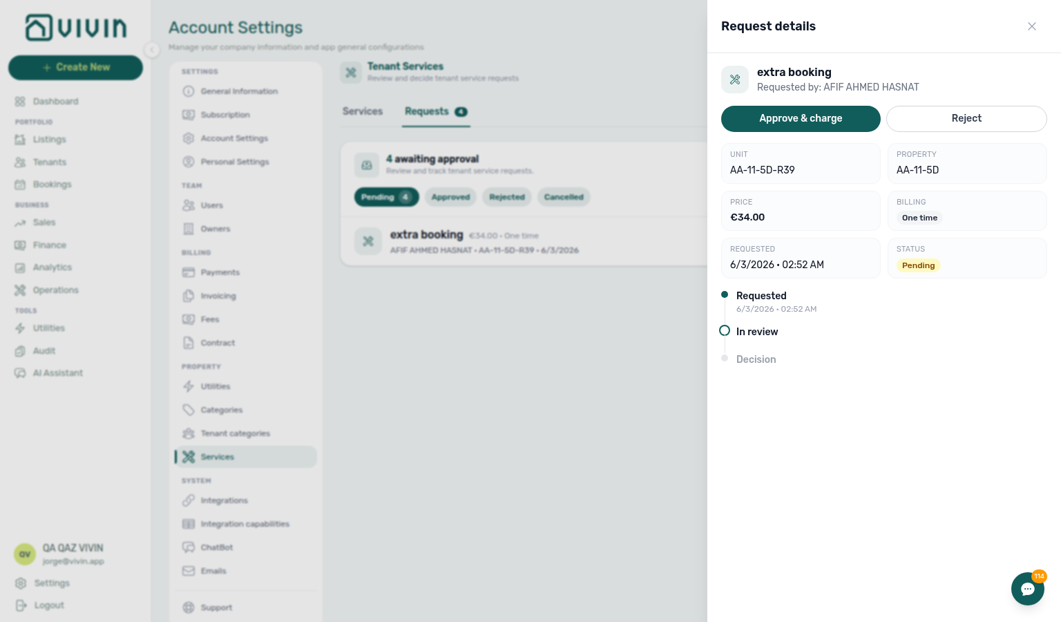 Account Settings — Request details drawer with timeline and Approve &amp; charge / Reject actions