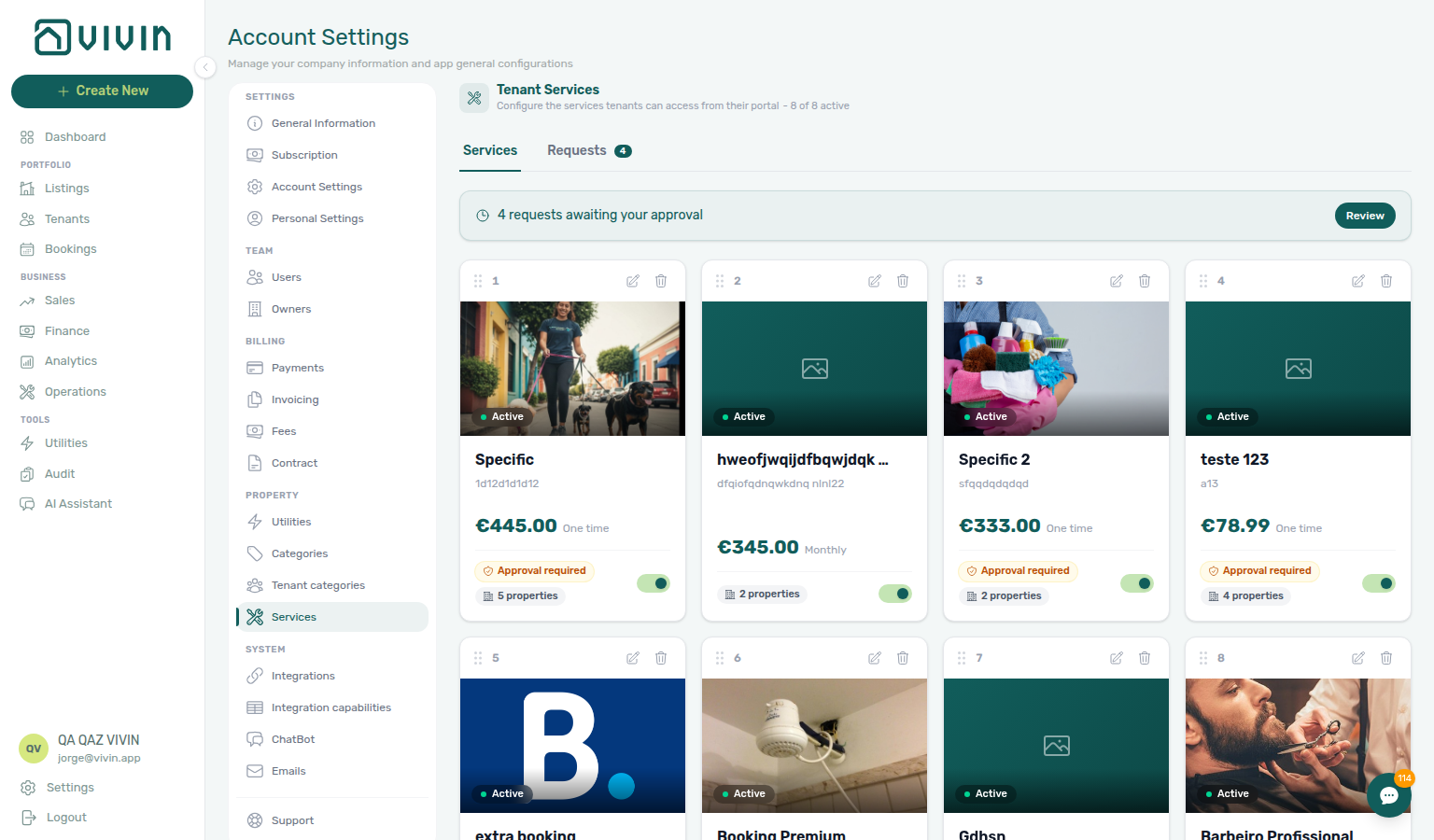 Account Settings — Services tab with pending-approval banner and Review shortcut