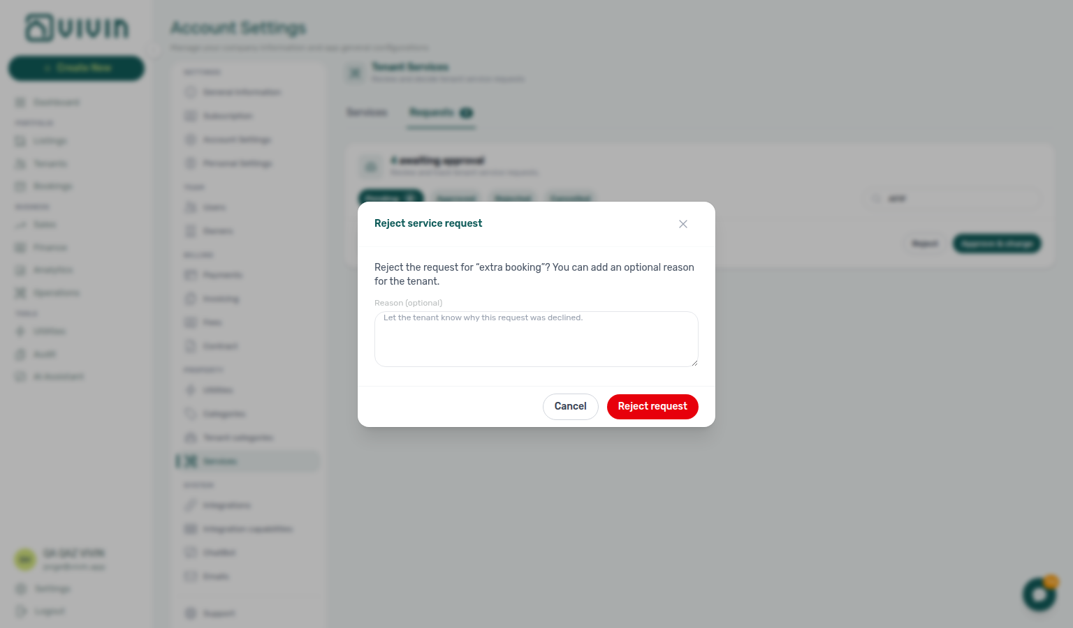 Account Settings — Reject service request modal with optional reason for the tenant
