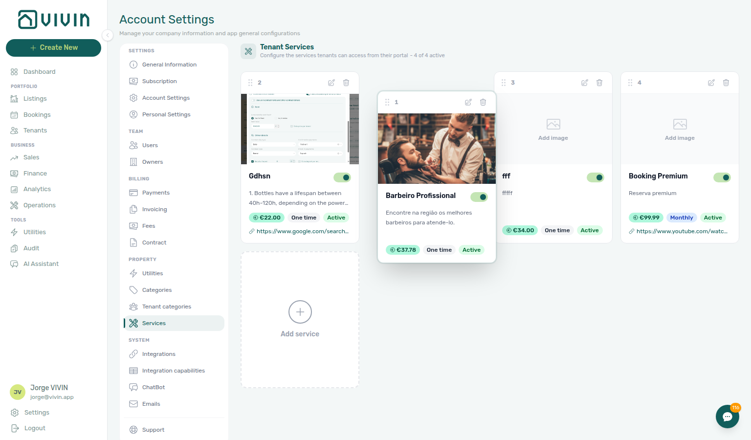 Account Settings — Tenant Services catalogue mid-drag reorder (grip handle, lifted card shadow)