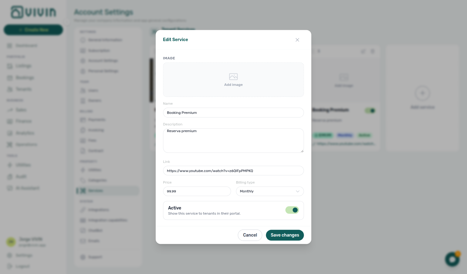 Account Settings — Edit service dialog for an existing catalogue entry (example: Booking Premium)