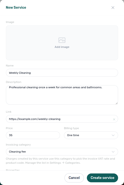 Account Settings — New Service dialog with Invoicing category set to Cleaning fee and helper text pointing to Settings → Categories