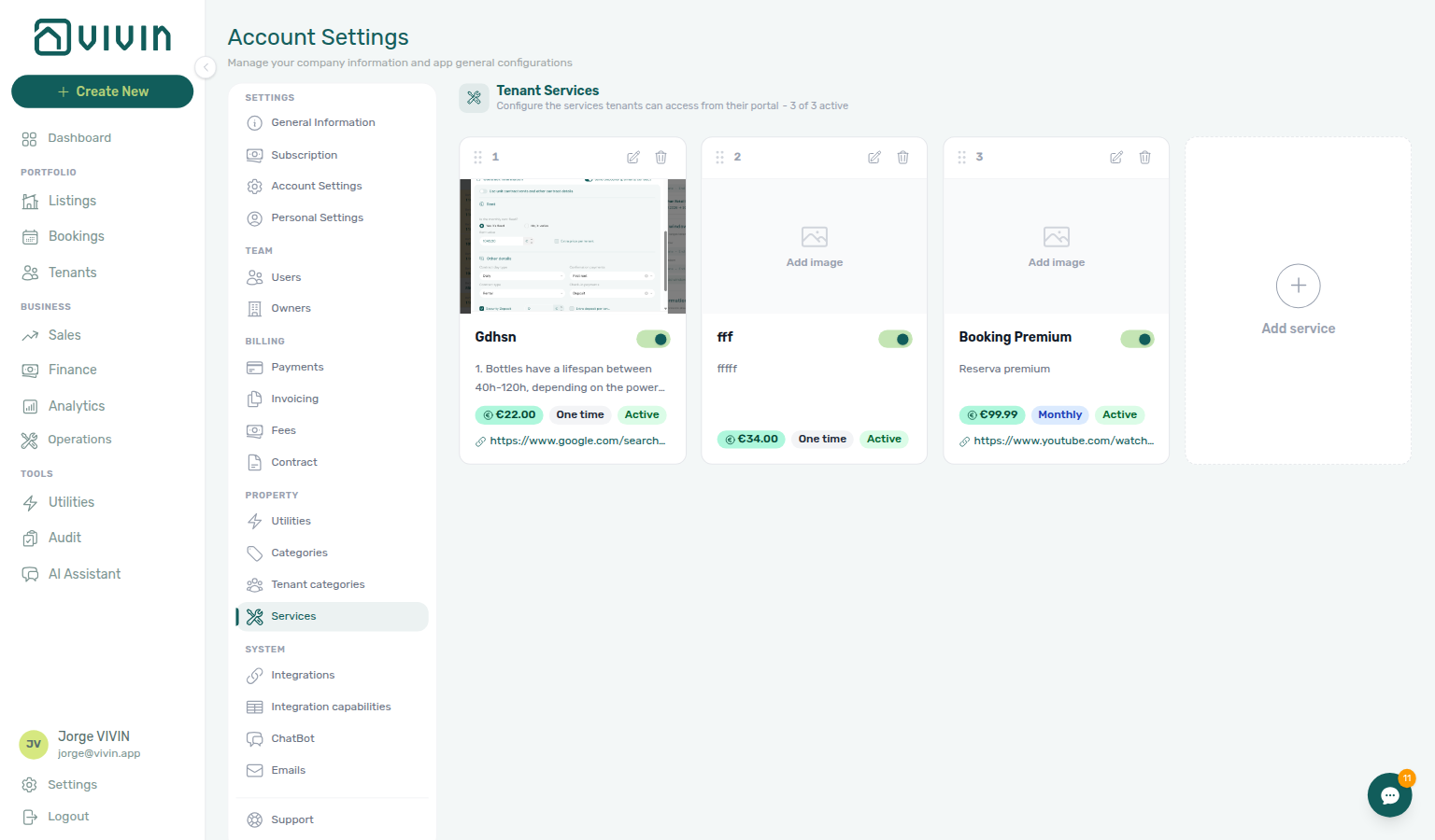 Account Settings — Tenant Services tab with populated catalogue cards and Add service tile