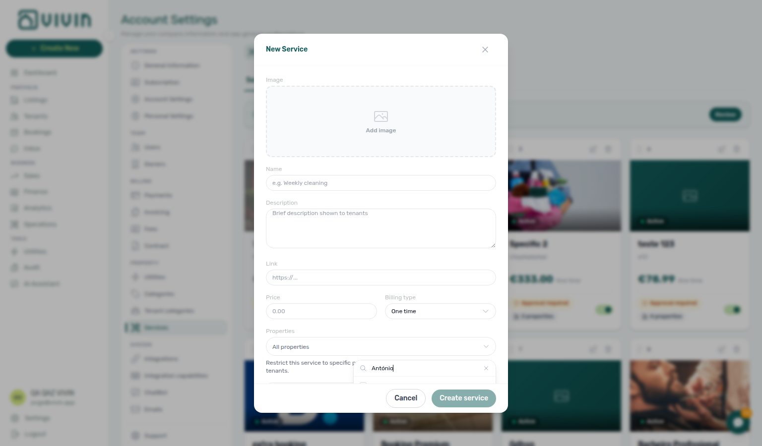 Account Settings — New service dialog Properties picker after server search (internalName matches ranked above address-only hits, example António)