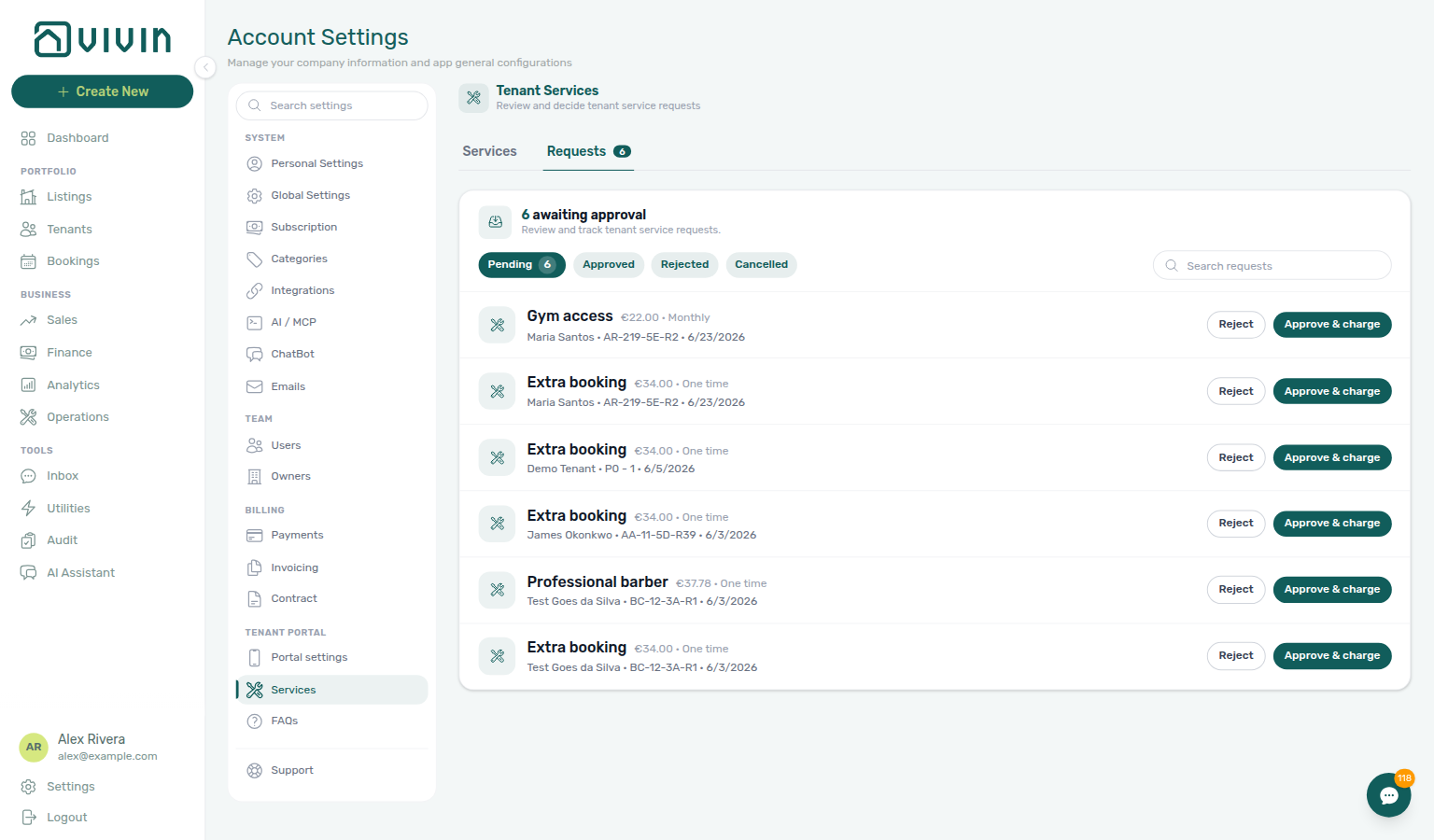 Account Settings — Requests tab with Pending filter, Search requests, and Approve &amp; charge / Reject on each row