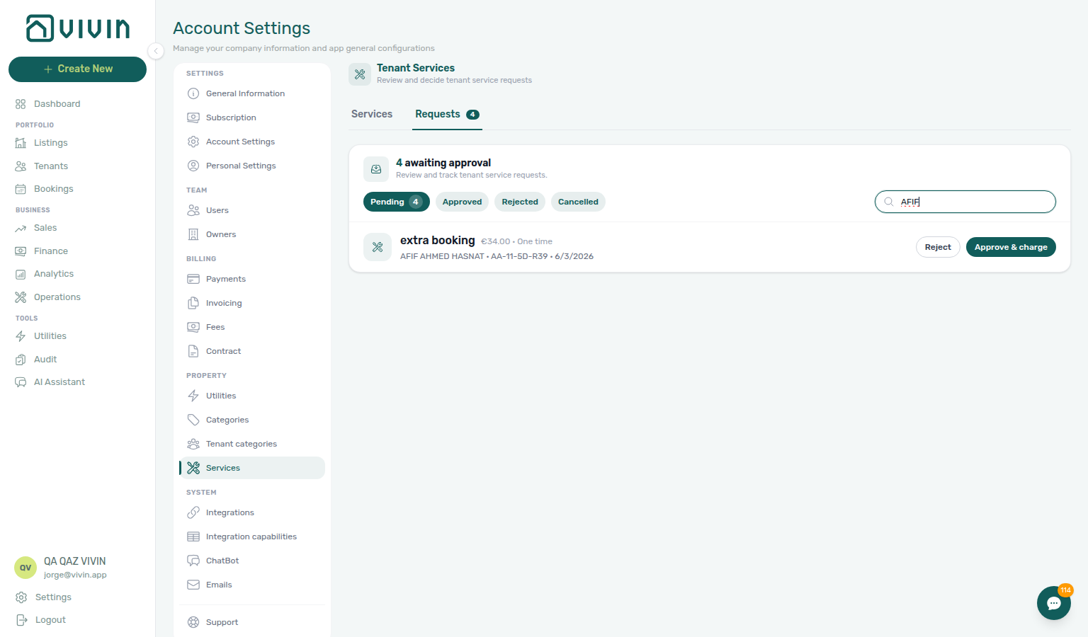 Account Settings — Service approvals Requests tab with Pending filter