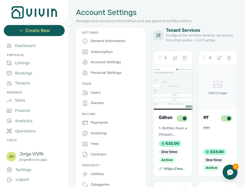 Account Settings — Services tab with empty catalogue and Create your first service