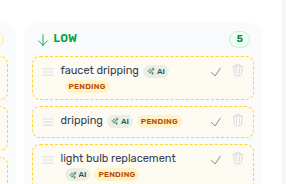 Account Settings — Ticket priority Low column with Pending AI cards and Activate check controls