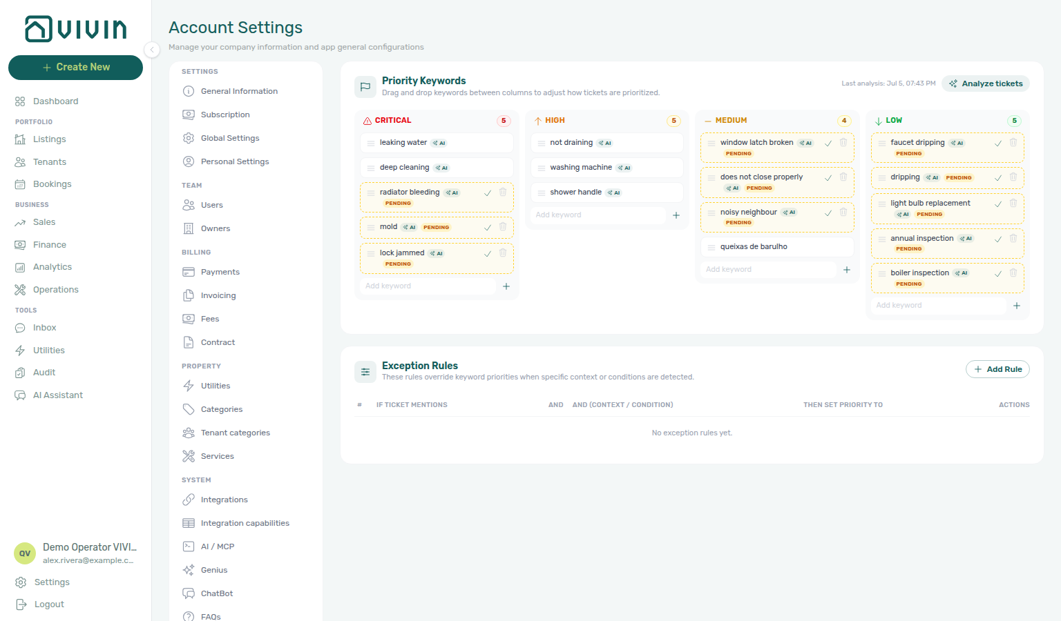 Account Settings — Ticket priority keyword columns with AI badges and Pending cards waiting to Activate