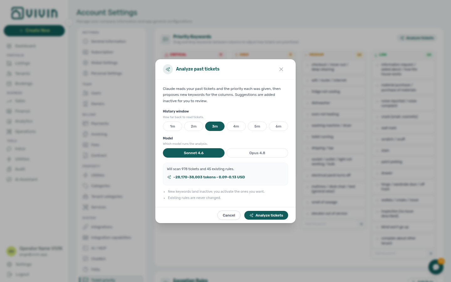 Account Settings — Analyze past tickets modal with history window, model choice, and cost estimate