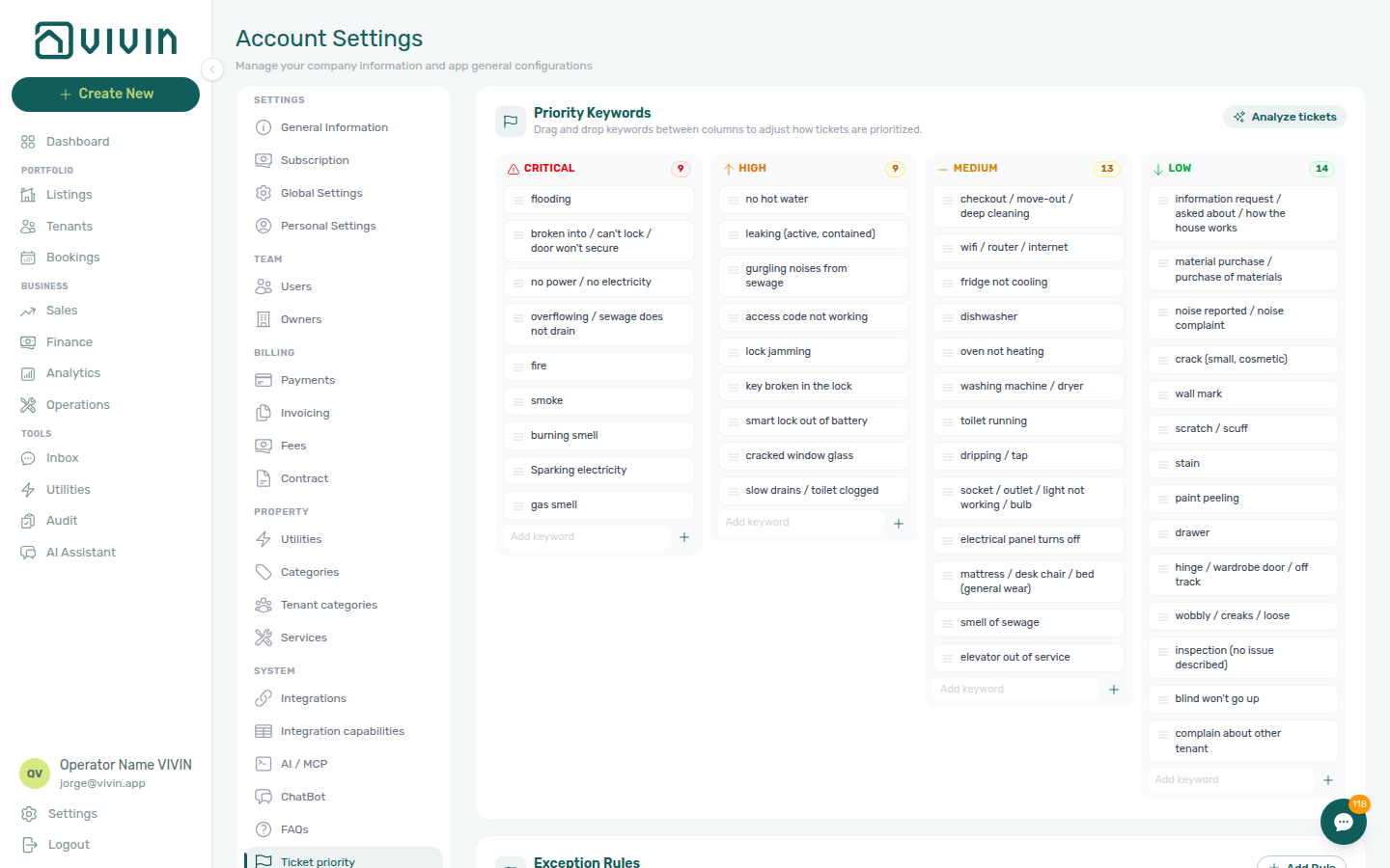 Account Settings — Ticket priority tab with Critical/High/Medium/Low keyword columns
