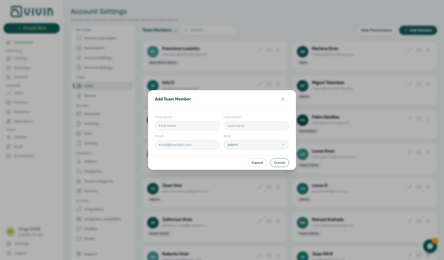Account Settings — Add Team Member modal with name, email, and role fields