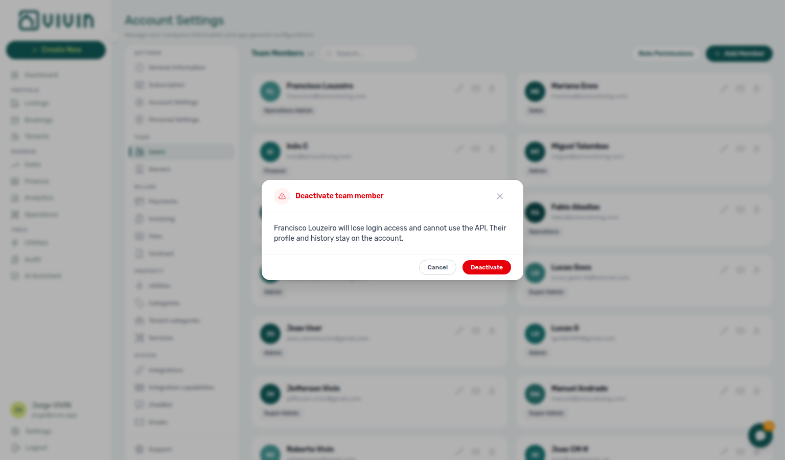 Account Settings — deactivate team member confirmation dialog with member name and Deactivate / Cancel actions