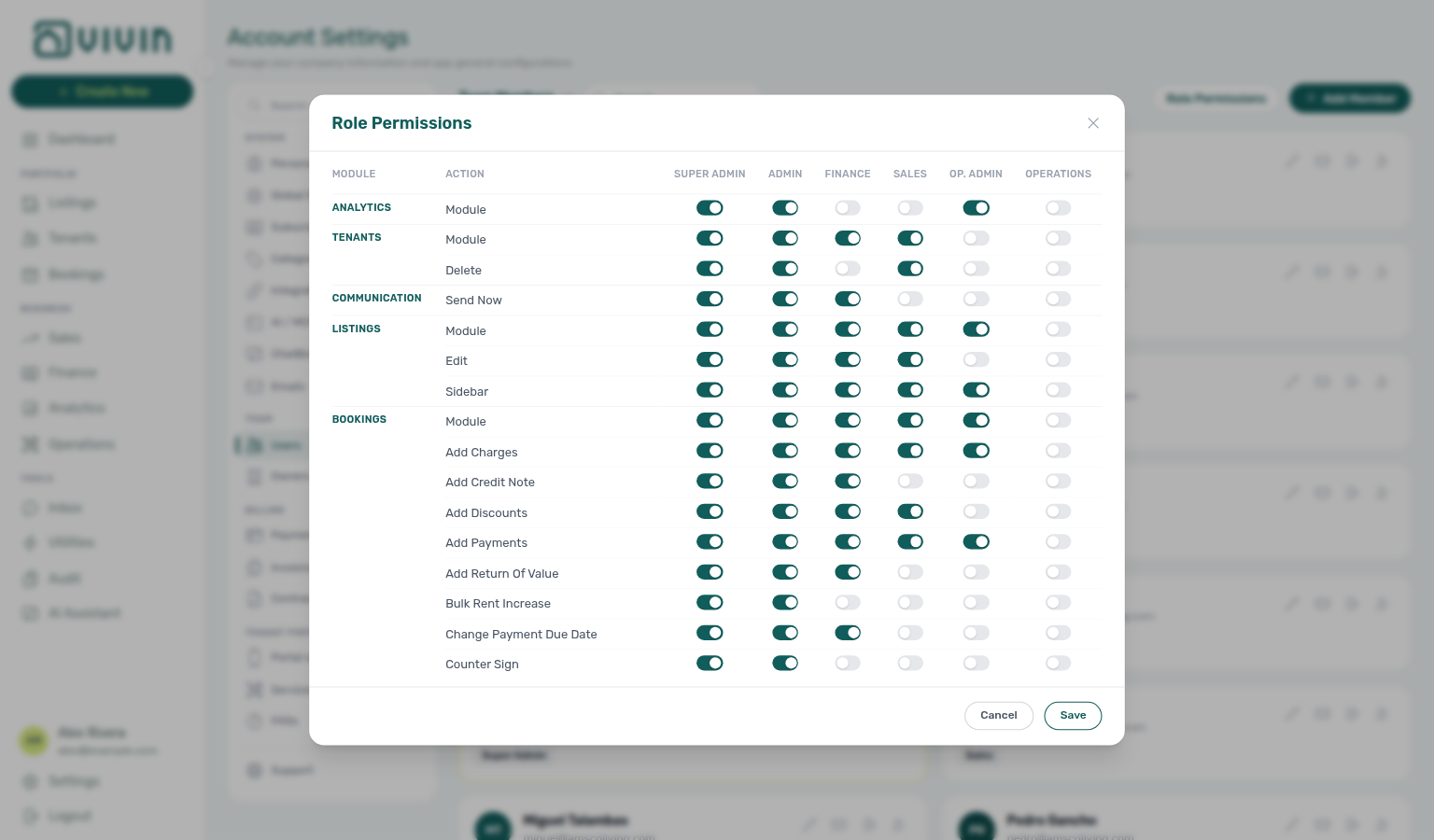 Users settings — Role Permissions matrix modal