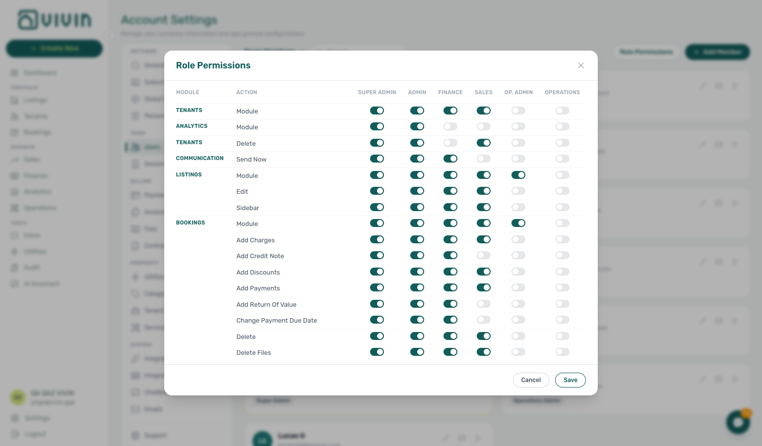 Users settings — Role Permissions matrix modal