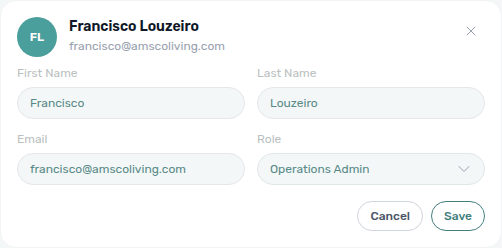 Account Settings — team member card in inline edit mode with role selector and Save / Cancel