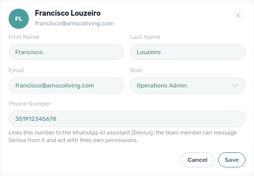Account Settings — Users Edit with Phone Number and WhatsApp Genius helper