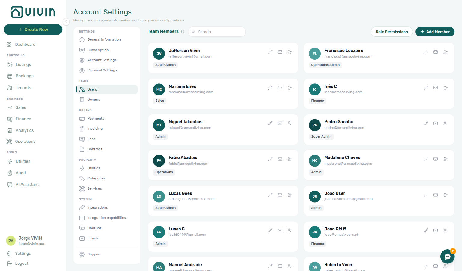 Account Settings — Team member card with Resend password (envelope), Edit, and Deactivate actions