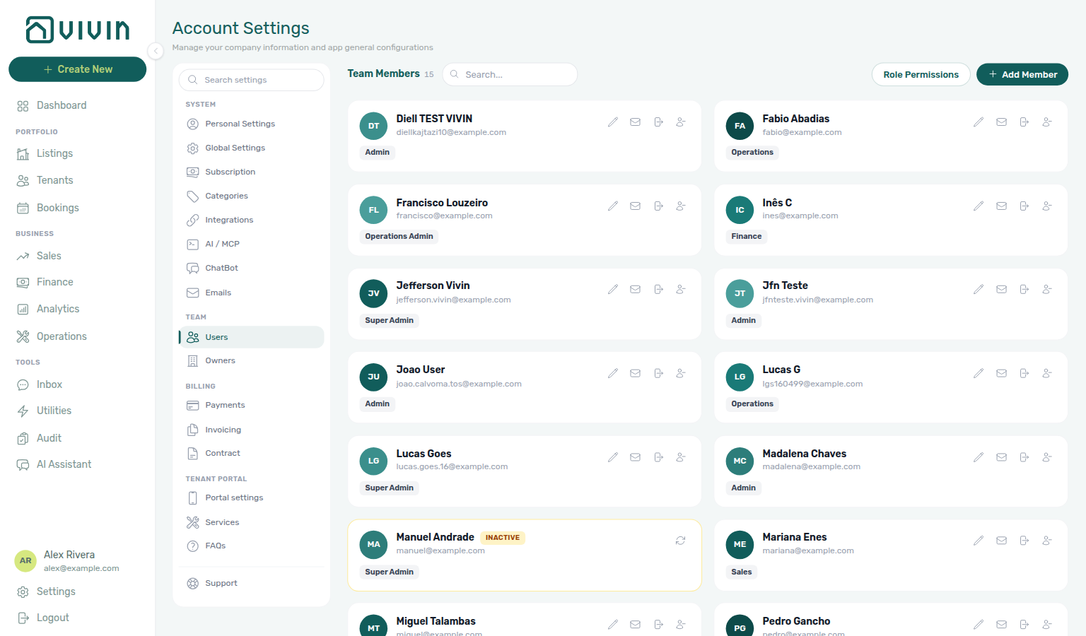Users settings — Team Members grid with Role Permissions and Add Member