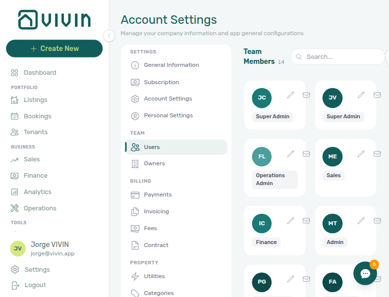Account Settings — Team section with Users tab, team member cards, and Owners in the sidebar