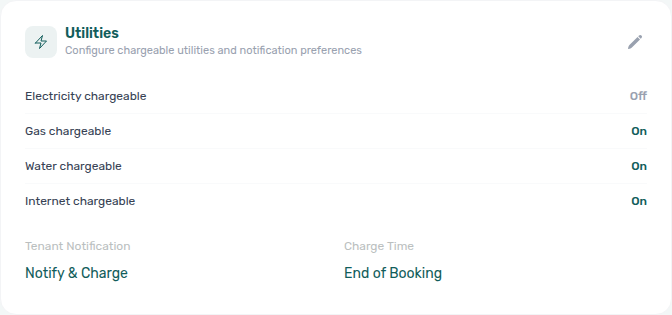 Account Settings — Utilities card read-only with Tenant Notification and Charge Time visible before edit mode
