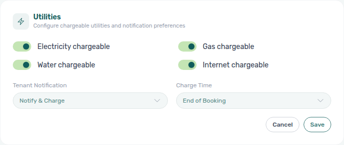 Account Settings — Utilities tab with chargeable utility toggles, Tenant Notification, and Charge Time for overage billing