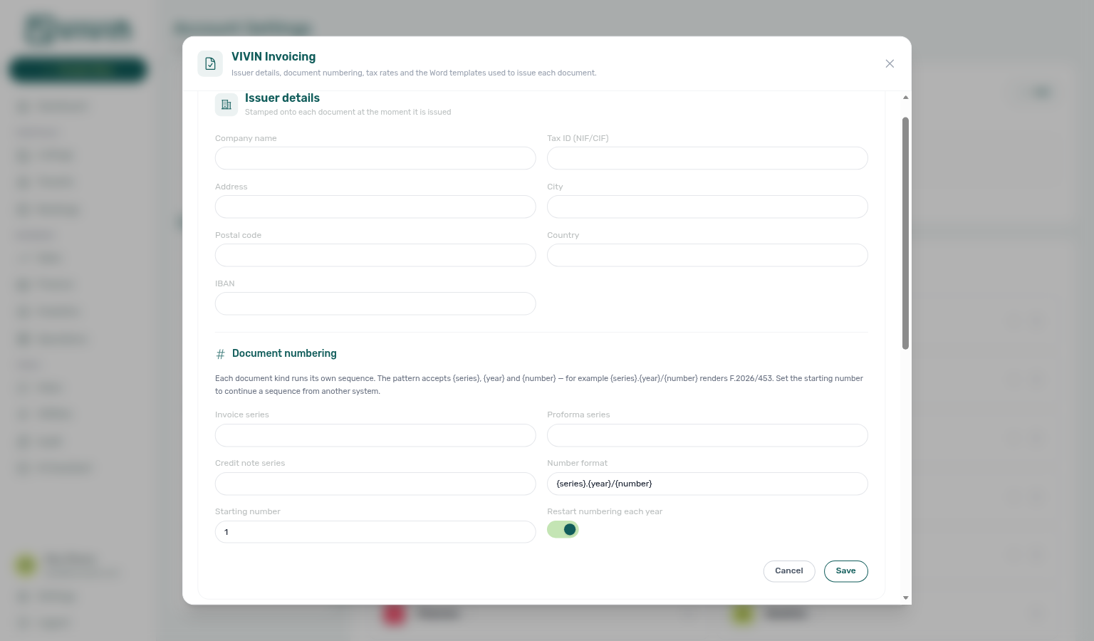 VIVIN Invoicing Configure modal — Issuer details and Document numbering in edit mode (Cancel / Save)