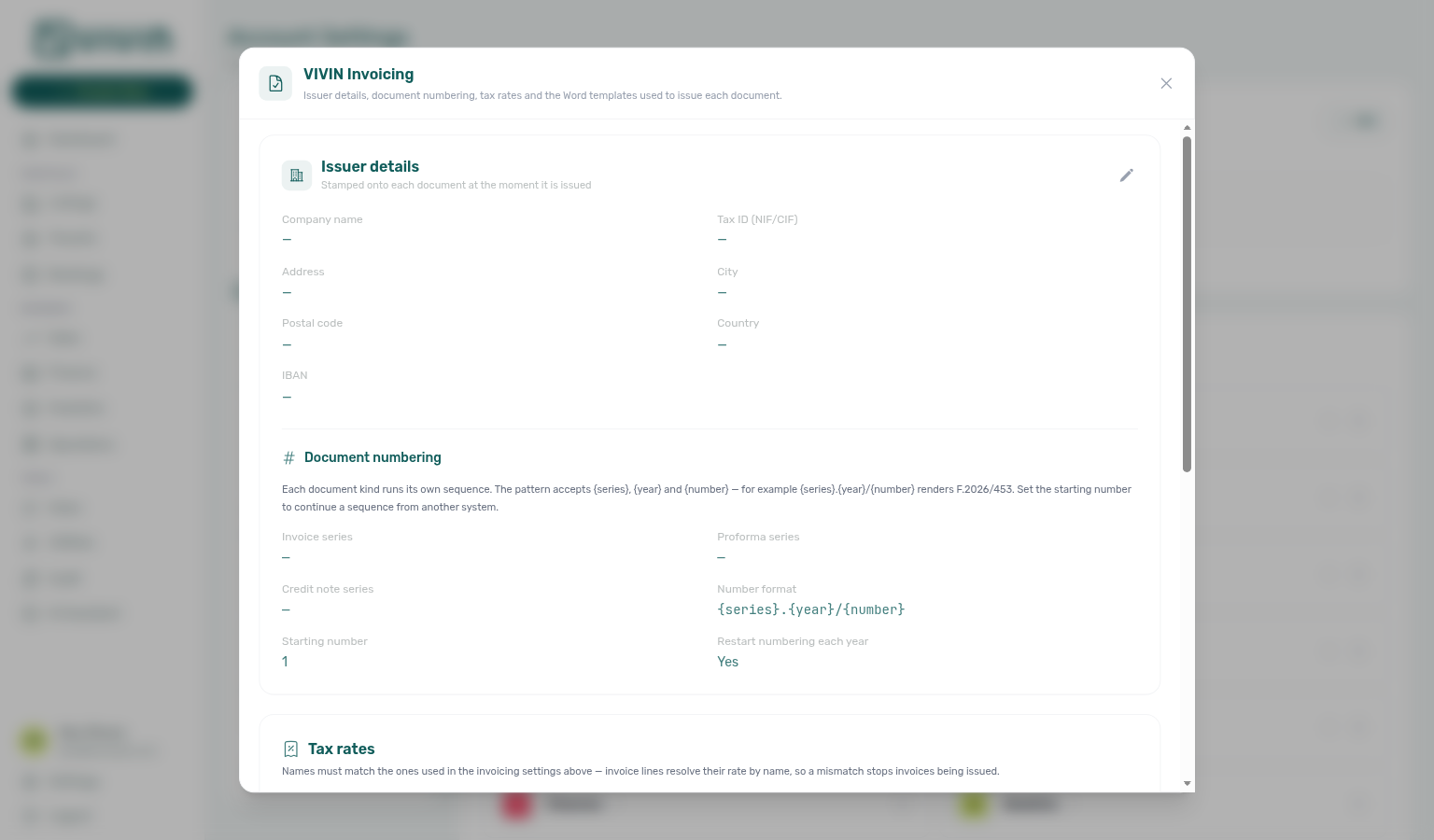 VIVIN Invoicing Configure modal — Issuer details, Document numbering, and Tax rates