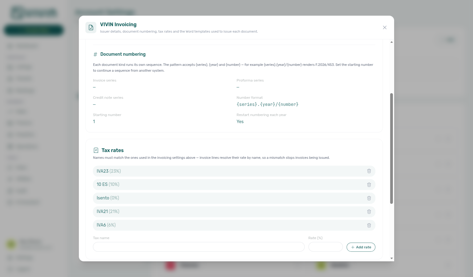 VIVIN Invoicing Configure modal — Tax rates list with Add rate