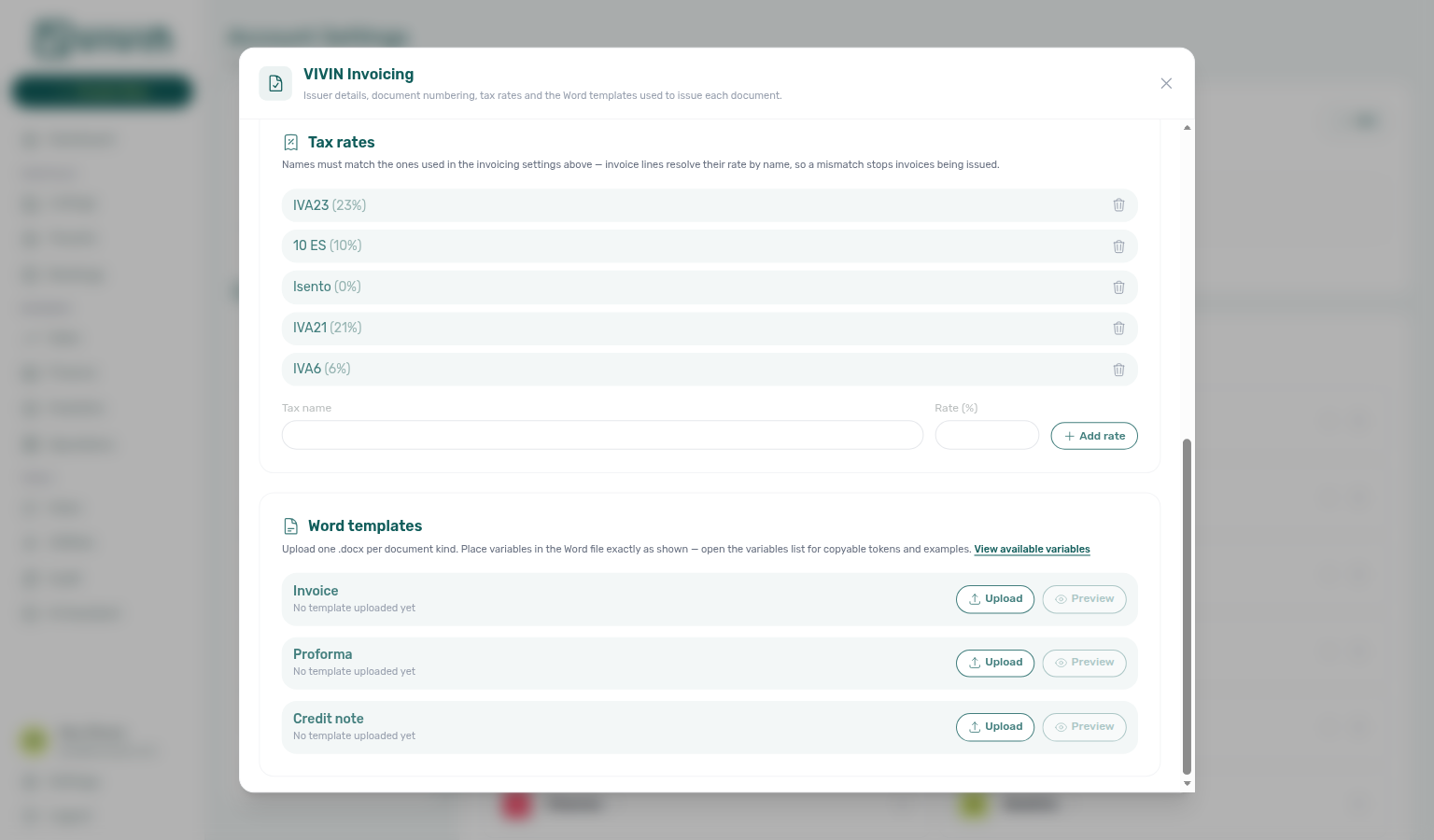 VIVIN Invoicing Configure modal — Word templates with Invoice / Proforma / Credit note rows