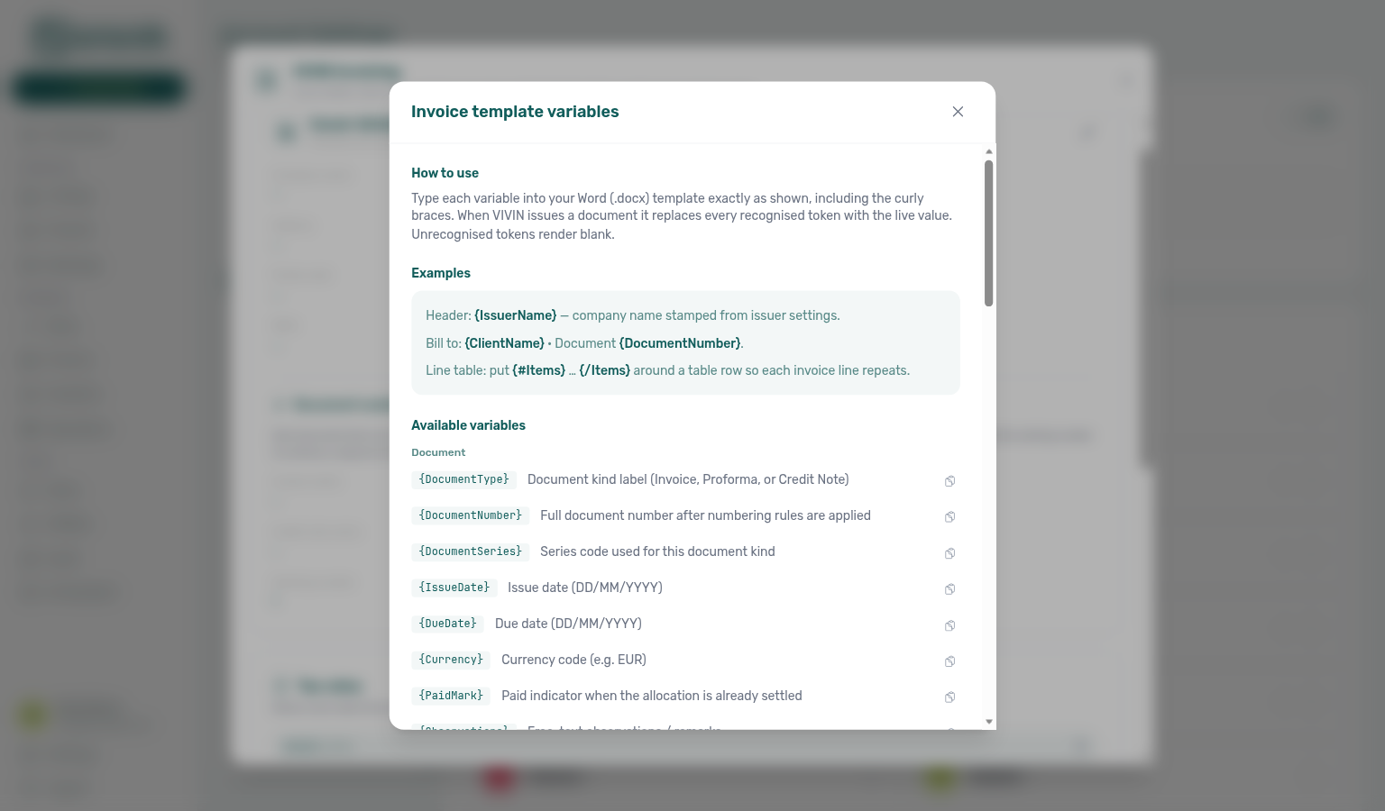 Invoice template variables modal with How to use, Examples, and Available variables (Document)