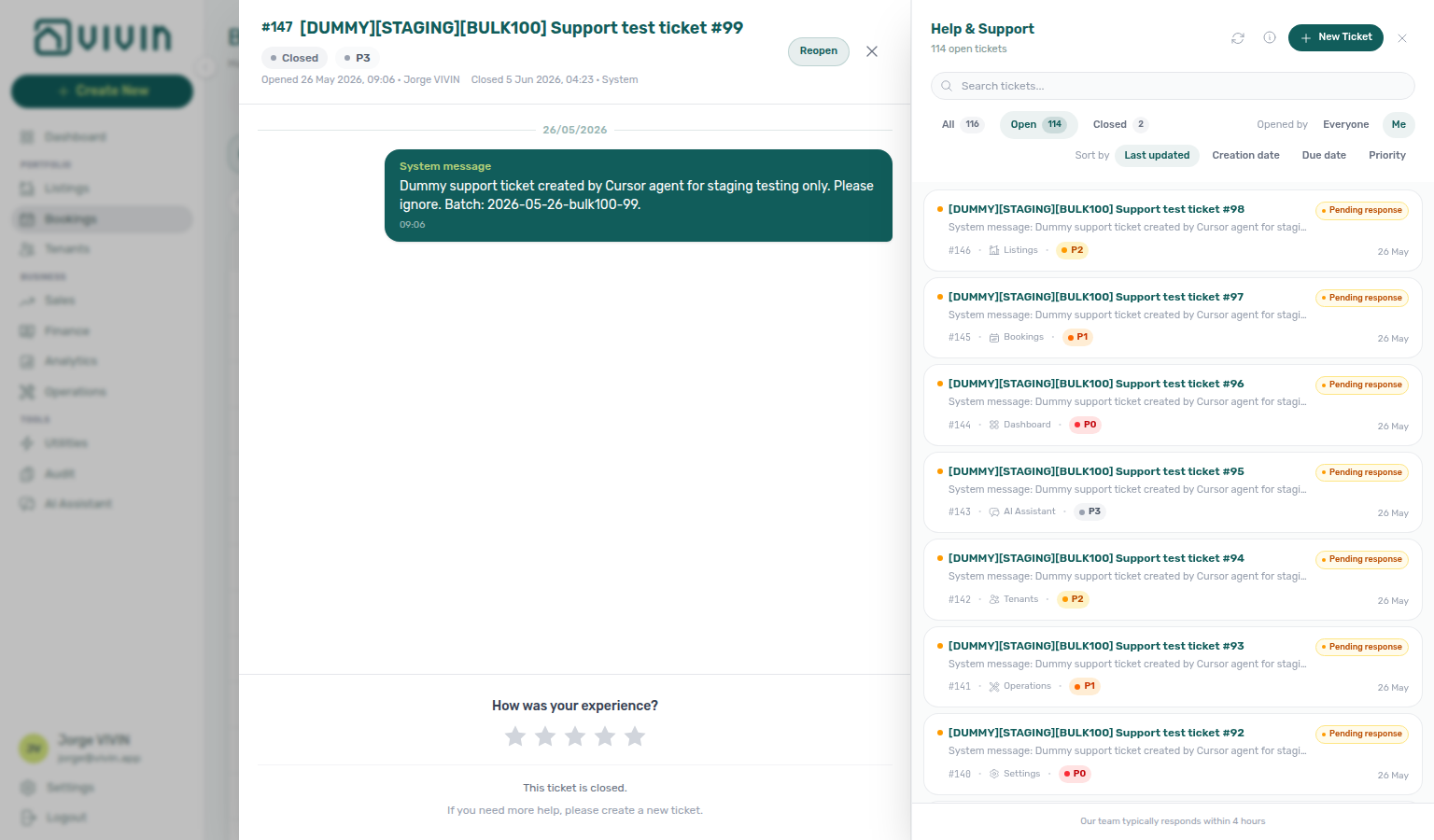 Bookings — Help &amp; Support drawer opened via ?support=<ticketId> deep link while staying on the Bookings module