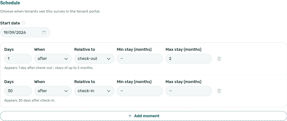 The Schedule section of a survey: the Start date, and two moments — 1 day after check-out for stays of up to 2 months, and 30 days after check-in