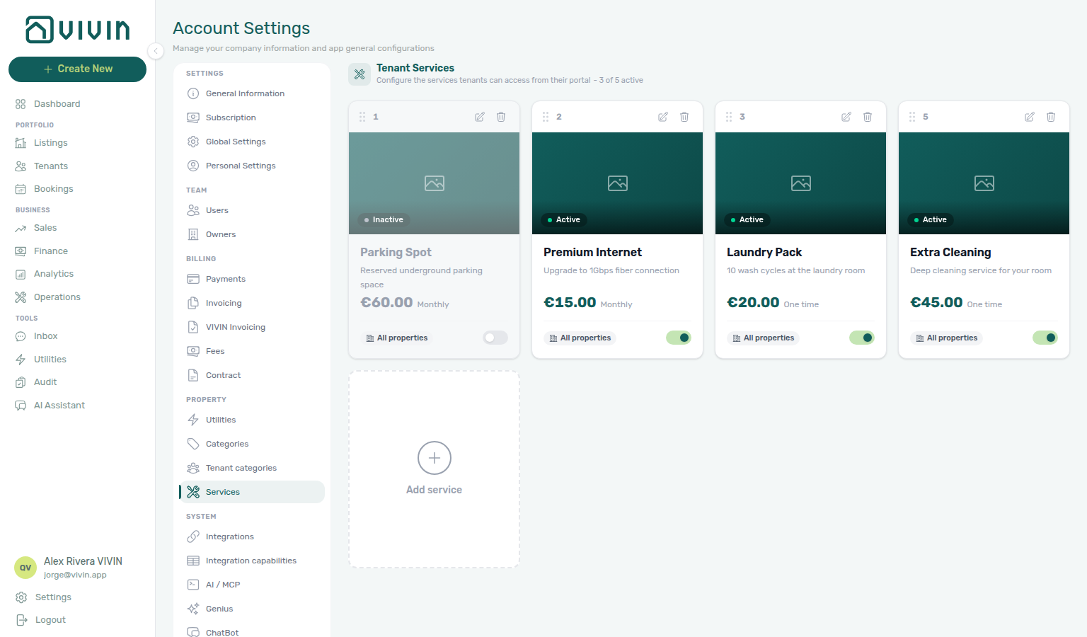 Account Settings — Services catalogue that list-available-services quotes to tenants