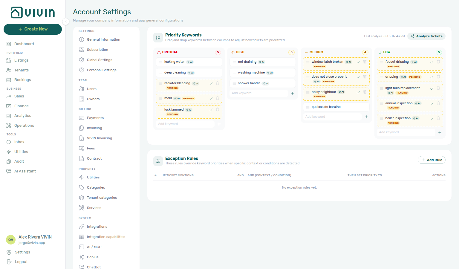 Account Settings — Ticket priority keyword columns that get-ticket-priority-rules returns