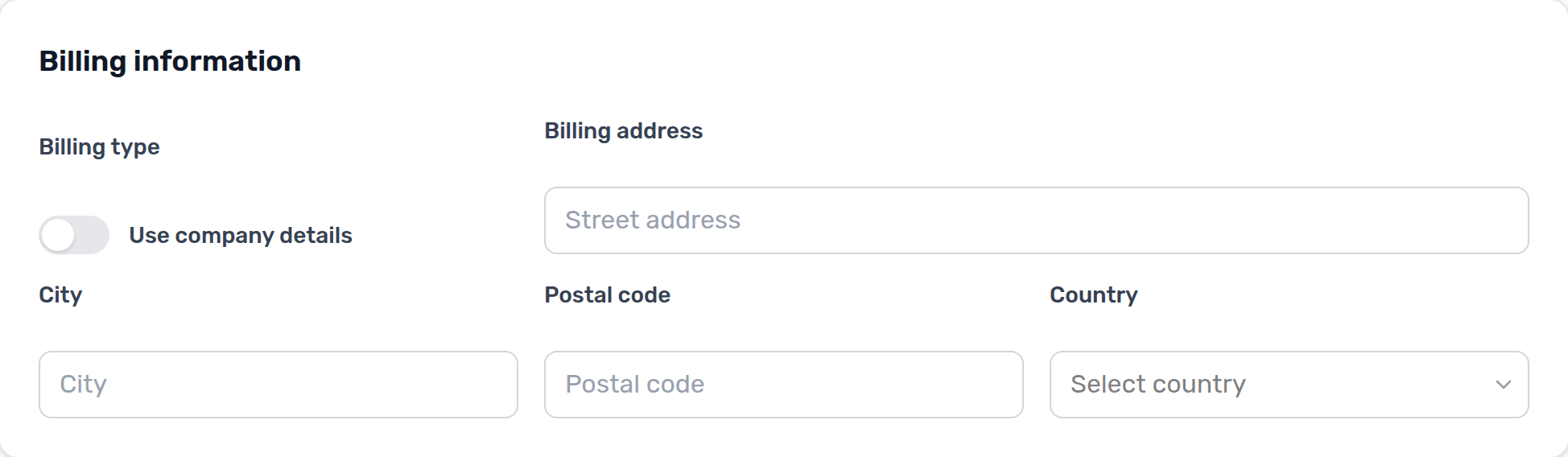 Tenant Portal — Billing information with Billing address, City, Postal code, and Country empty (Use company details Off)