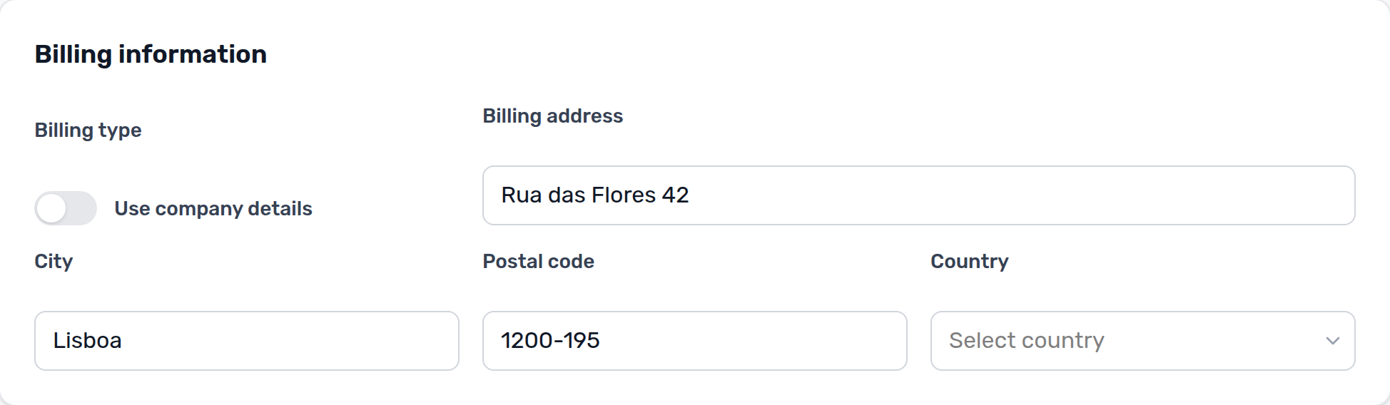 Tenant Portal — Billing information with sample Billing address, City, and Postal code filled