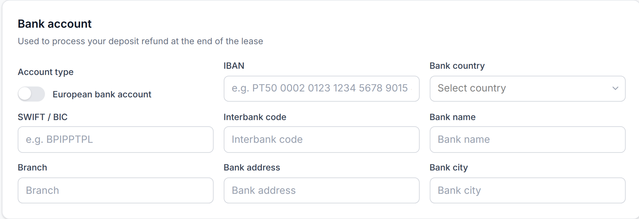 Tenant Portal — Bank account card with European bank account Off and international bank fields