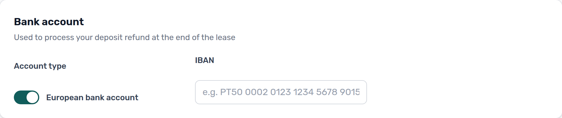Tenant Portal — Bank account card with IBAN next to European bank account On