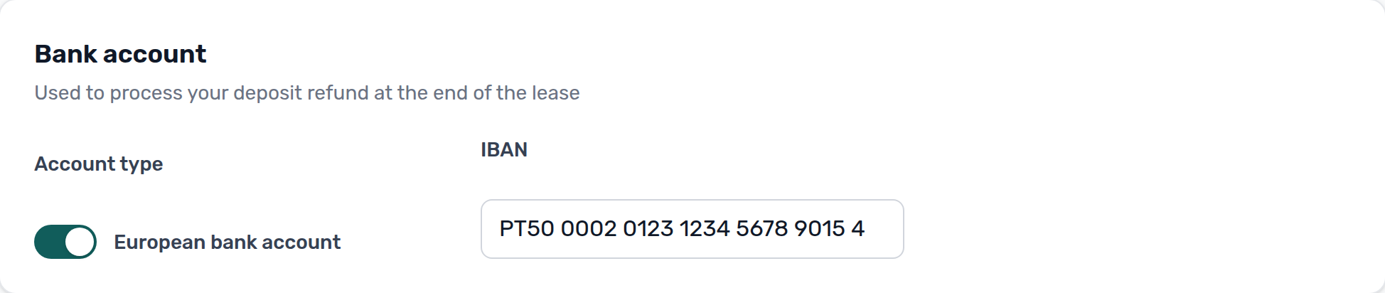Tenant Portal — Bank account IBAN filled with a sample personal account number