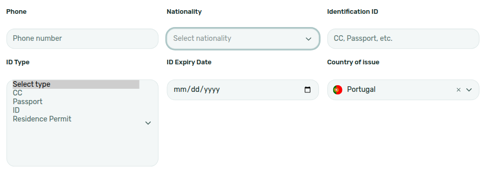 Tenant Portal — Personal information ID Type open (CC / Passport / ID / Residence Permit) with Identification ID and Country of issue
