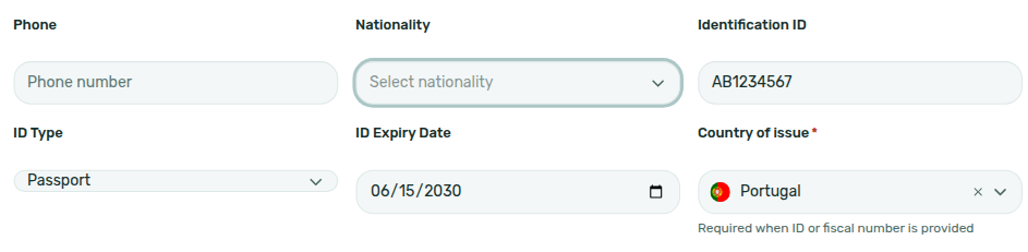 Tenant Portal — Personal information Identification ID, Passport, expiry, and required Country of issue