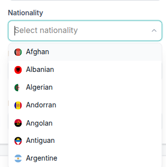 Tenant Portal — Nationality searchable list of nationality words with flags (Afghan, Albanian, Algerian)