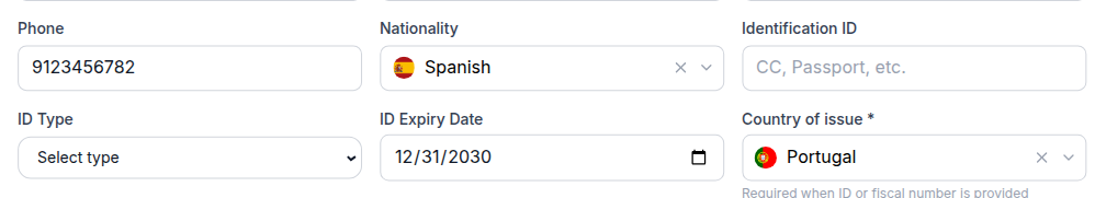Tenant Portal — Personal information with Nationality (Spanish) next to Phone, and Country of issue (Portugal) on the ID row