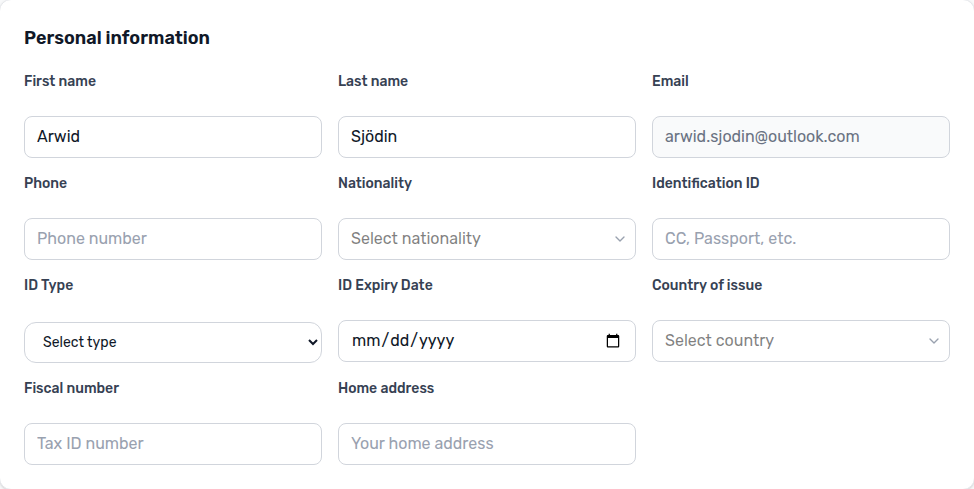 Tenant Portal — Personal information with empty Phone next to Nationality and Identification ID