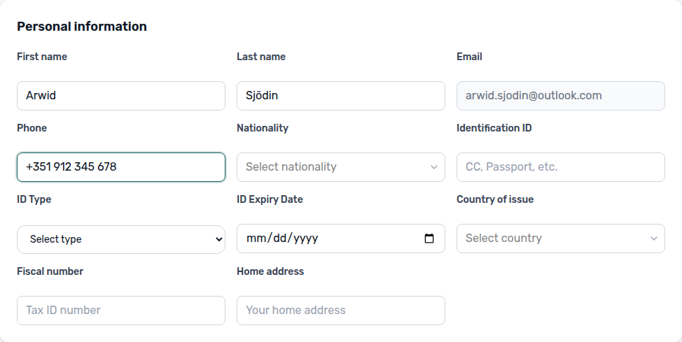 Tenant Portal — Personal information Phone filled with a spaced sample number