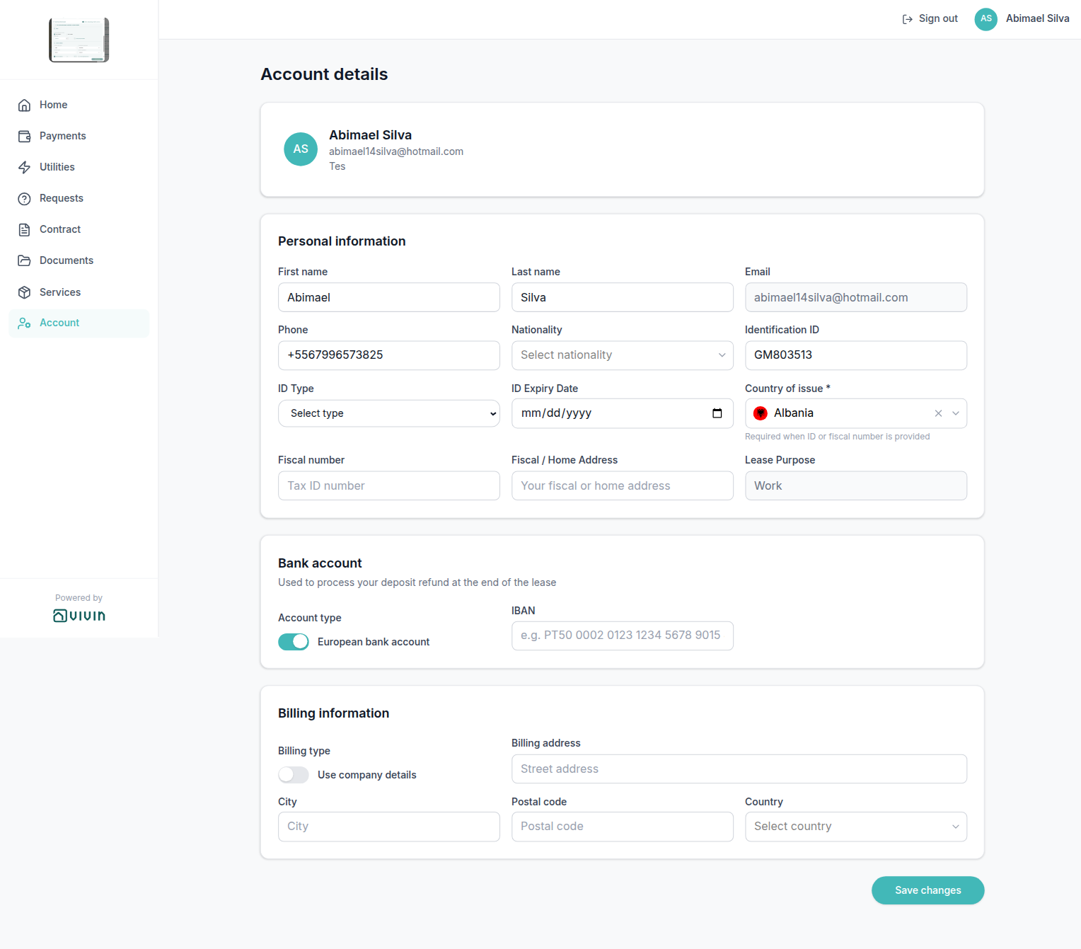 Tenant Portal — Account tab with personal, bank, and billing sections