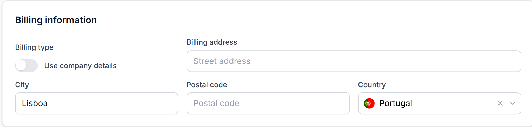 Tenant Portal — Billing information with Use company details Off (personal address only)